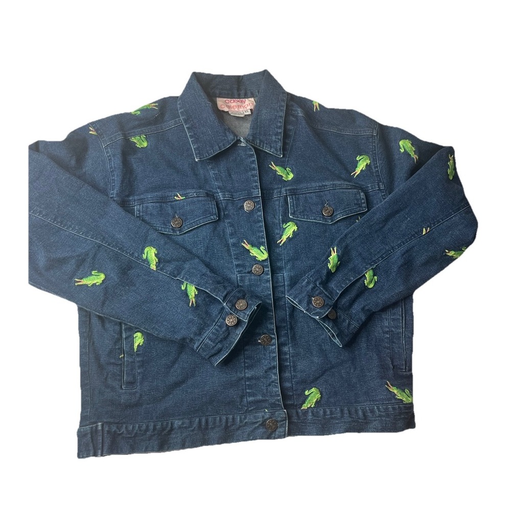 Vtg Casey Coleman Denim Jacket Alligator Embroidered Jean Jacket Size XL‎